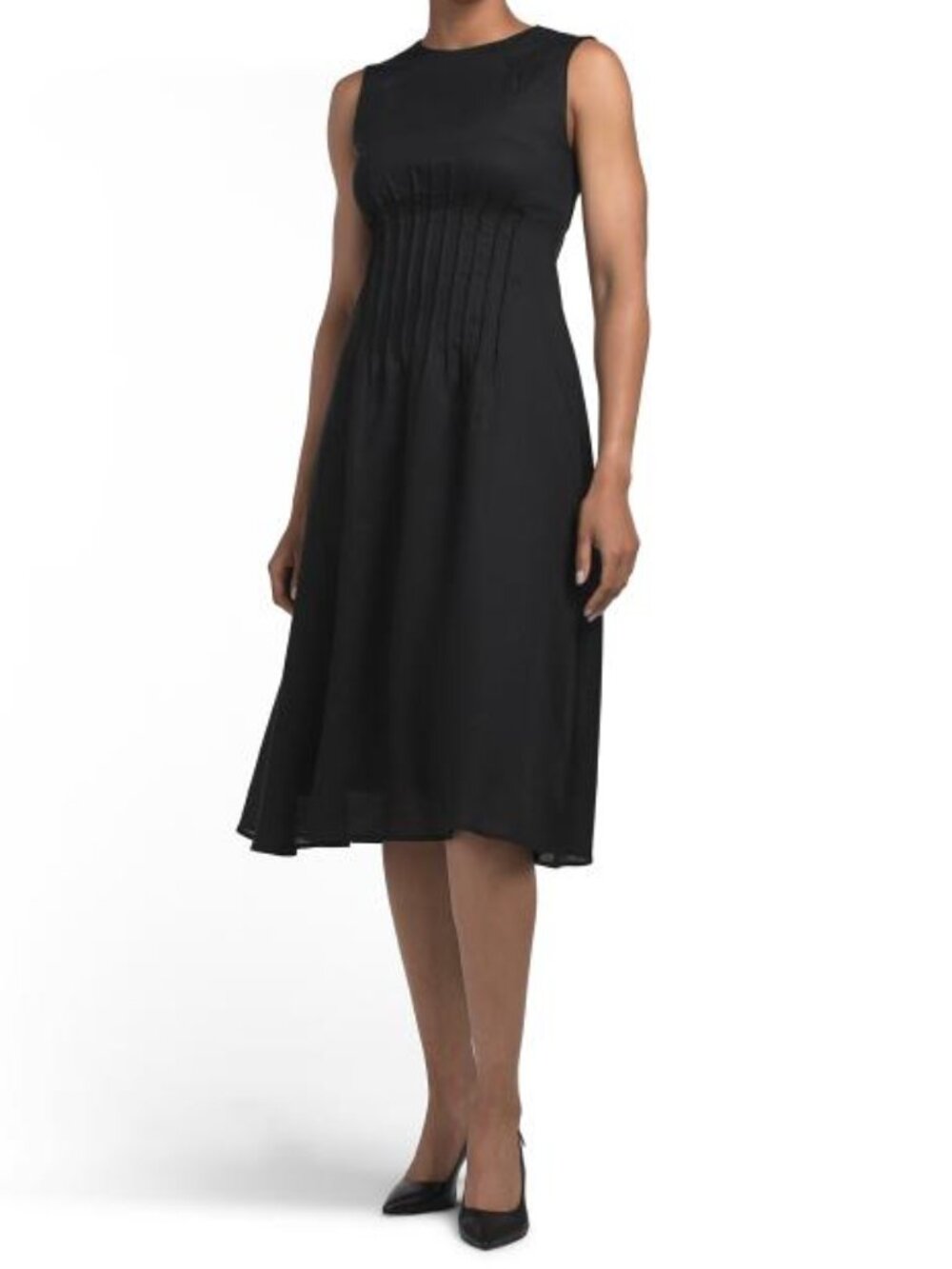 ELIE TAHARI Linen Blend Sleeveless Crew Neck Pin Tuck Waist Midi Dress